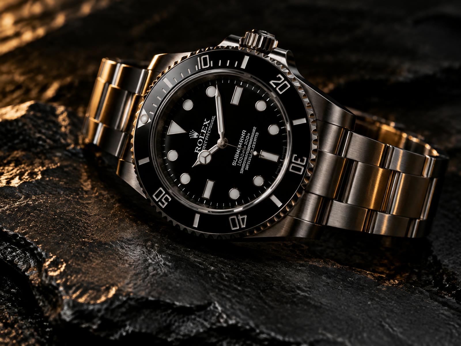 Luxury steel dive watch on dark stone